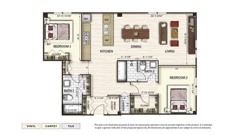 Floor plan for 2 beds, 2 baths, 1278 sqft
